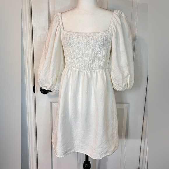 Tuckernuck 100% Linen Annie Smocked Dress Large Cream Puff Sleeve Mini Bridal - Picture 2 of 12